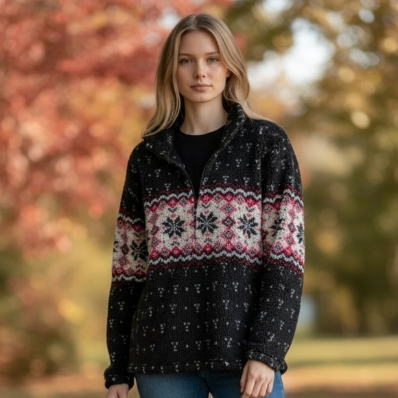 Vintage LL Bean Snowflake Aztec Half Zip Fleece Sweater. Made In USA, Size XL? - Picture 2 of 7